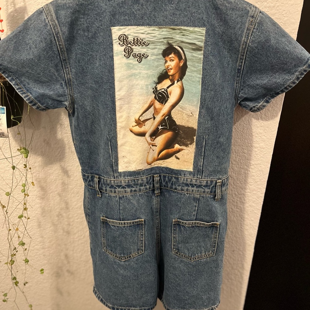 Bettie Page Lioness Blue Denim Kids Romper shorts with Vintage Print (L)